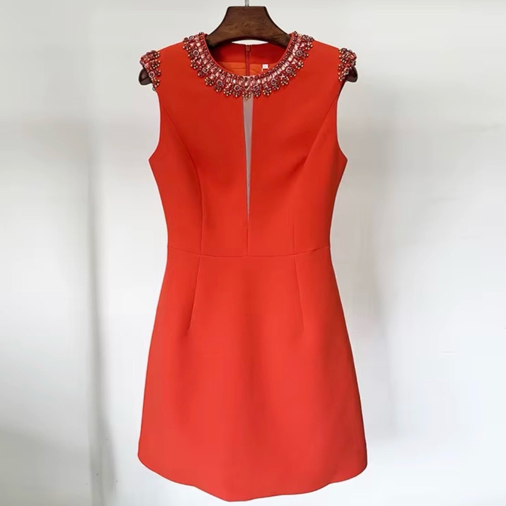 Elegant Red Deep V-neck BeadedSleeveless short Dress Size 6